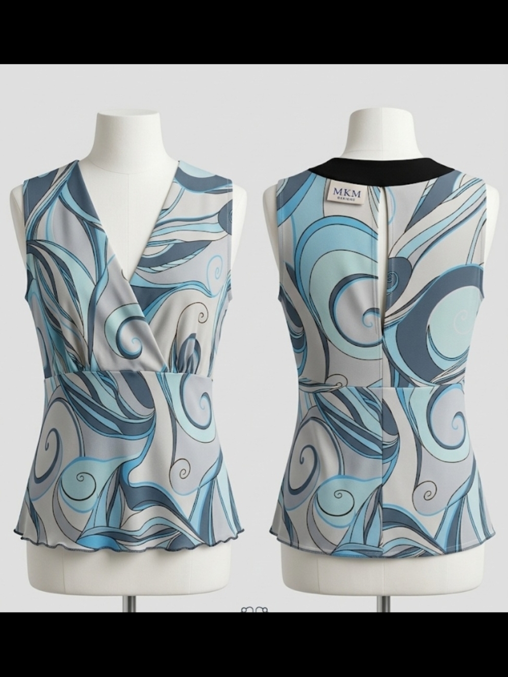 MKM Designs Abstract Blue &Gray Swirl Print Sleeveless V-Neck Blouse